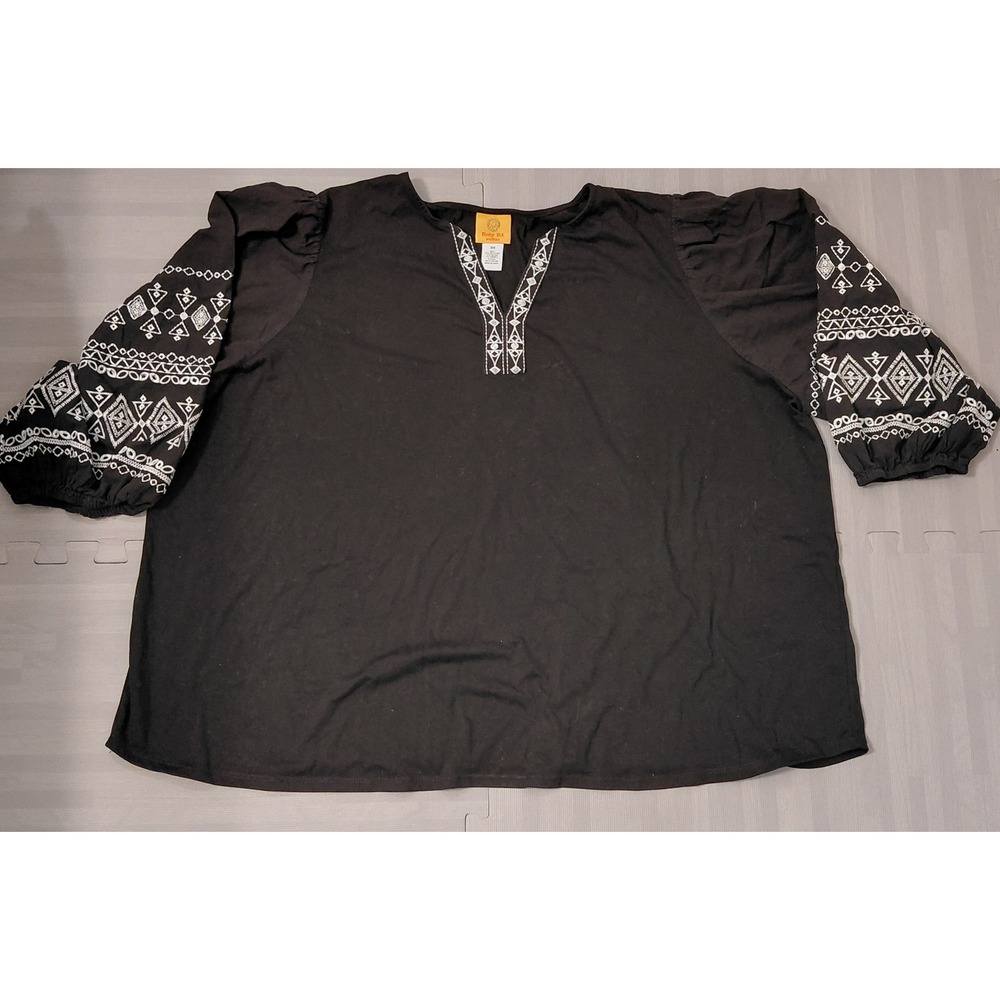 Ruby Rd Woman Black Embroidered Split Neck Puff Mid Sleeve Top 3X Plus Size Boho